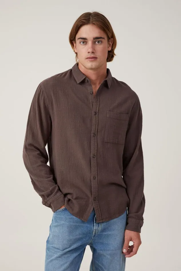 Men Shirts and Polos Cotton On Portland Long Sleeve Shirt Rich Brown Cheesecloth