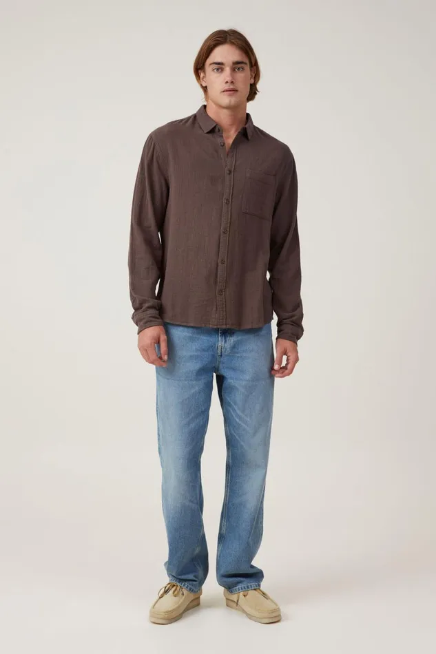 Men Shirts and Polos Cotton On Portland Long Sleeve Shirt Rich Brown Cheesecloth