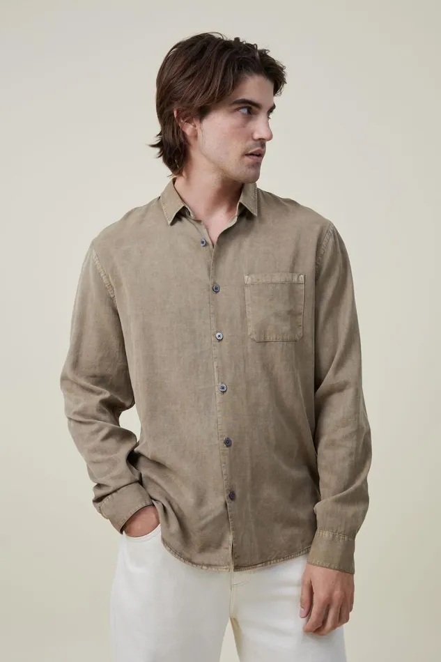 Men Shirts and Polos Cotton On Stockholm Long Sleeve Shirt Biscuit Slub