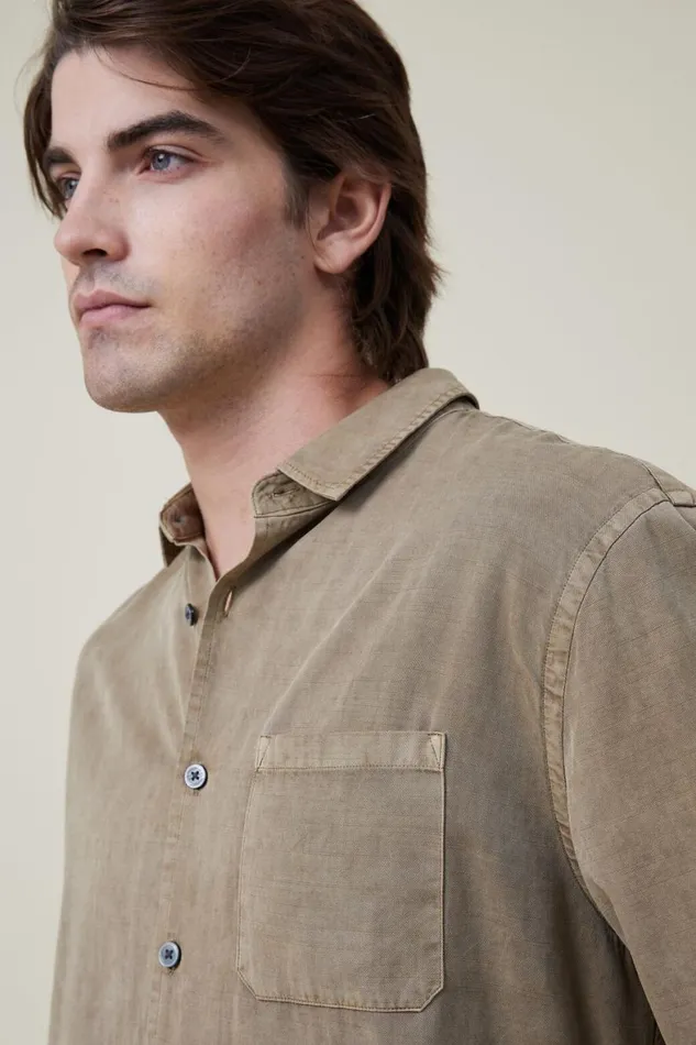 Men Shirts and Polos Cotton On Stockholm Long Sleeve Shirt Biscuit Slub