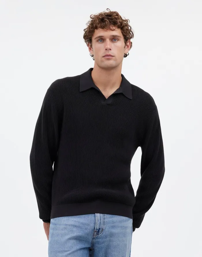 Men Shirts Madewell JohnnyCollar Sweater Polo Shirt In Merino Wool Dark Bottle