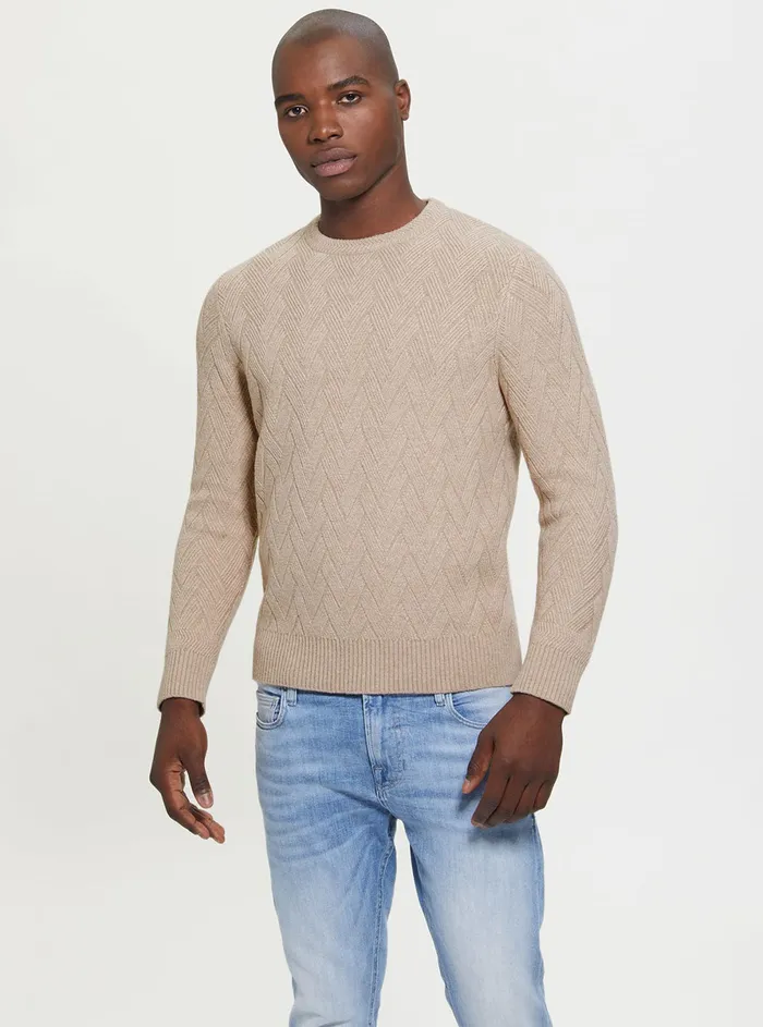 Men Sweaters and Knits GUESS Beige Simon Weave Knit Jumper