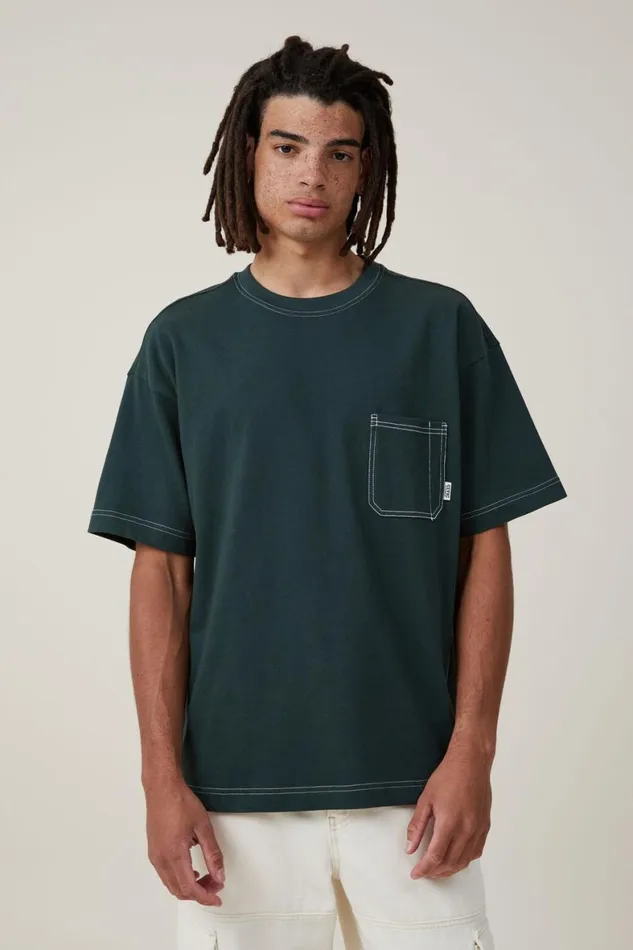 Men Tees and Tanks Cotton On Box Fit Pocket TShirt Pineneedle Green Civic Contrast