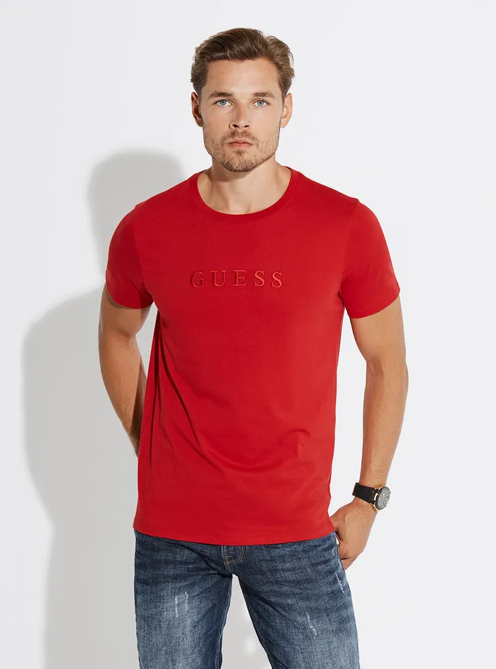 Men Tees and Tanks GUESS Dark Red Pima Logo Crew Neck Tee