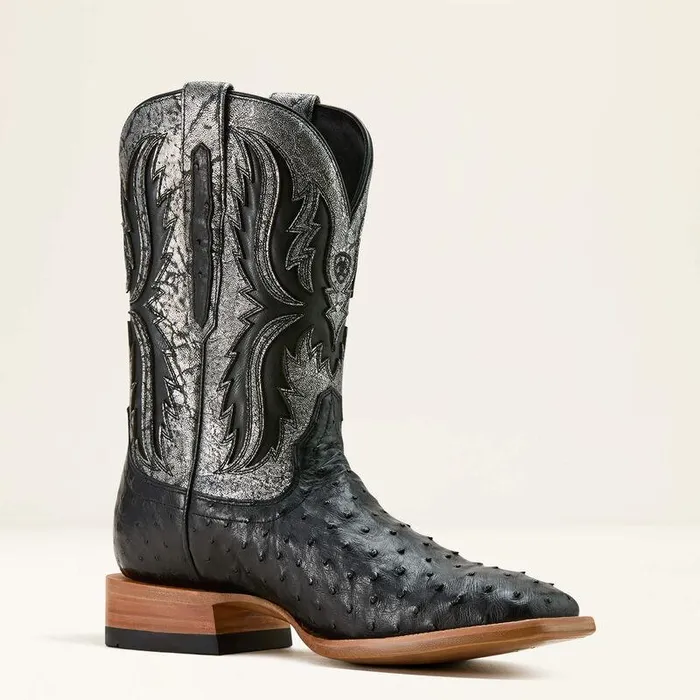 Men Western Boots Ariat Drifter Cowboy Boot Black Full Quill Ostrichsilver Metallic