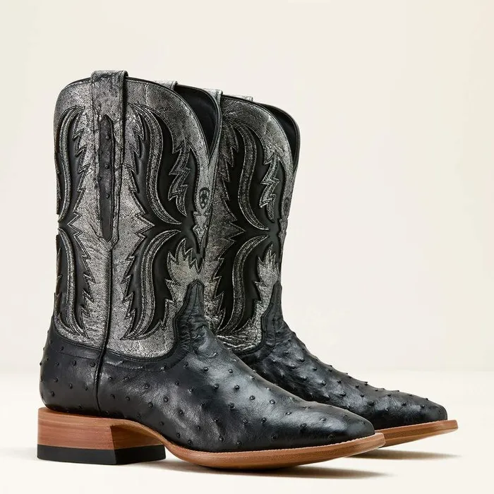 Men Western Boots Ariat Drifter Cowboy Boot Black Full Quill Ostrichsilver Metallic