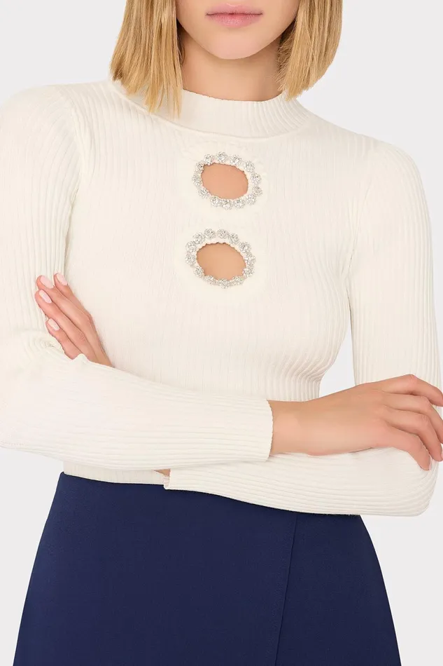 Milly Crystal Cut Out Knit Mock Neck Ecru Women Sweaters and Knits Milly Crystal Cut Out Knit Mock Neck Ecru Women Sweaters and Knits