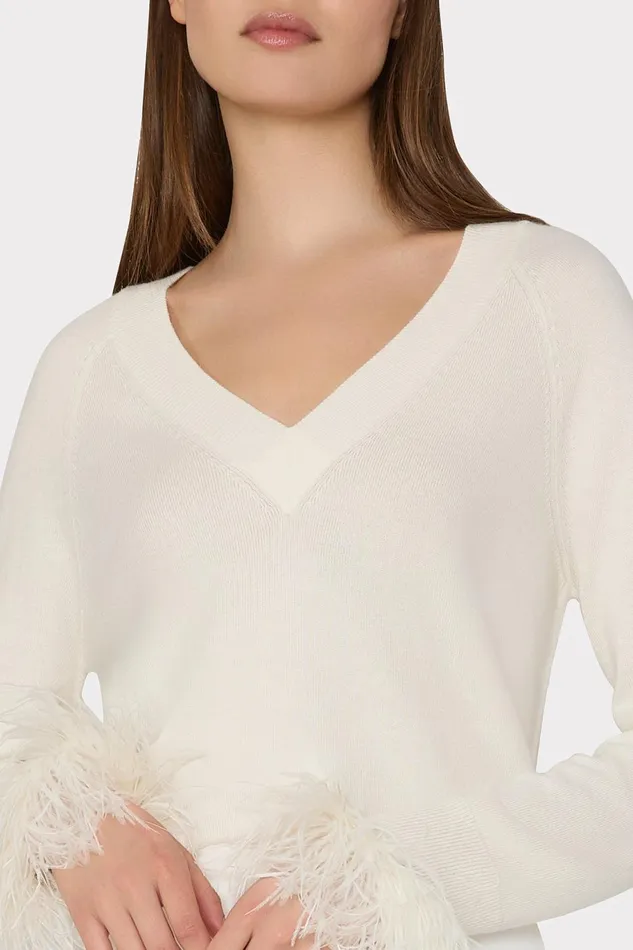 Milly Feather Cuff VNeck Sweater Ecru Women Tops Milly Feather Cuff VNeck Sweater Ecru Women Tops