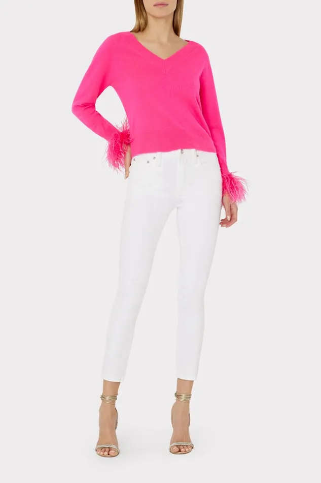 Milly Feather Cuff Vneck Sweater Milly Pink Women Tops Milly Feather Cuff Vneck Sweater Milly Pink Women Tops