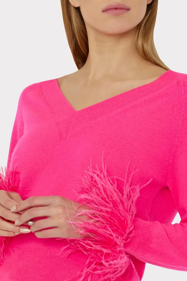 Milly Feather Cuff Vneck Sweater Milly Pink Women Tops Milly Feather Cuff Vneck Sweater Milly Pink Women Tops