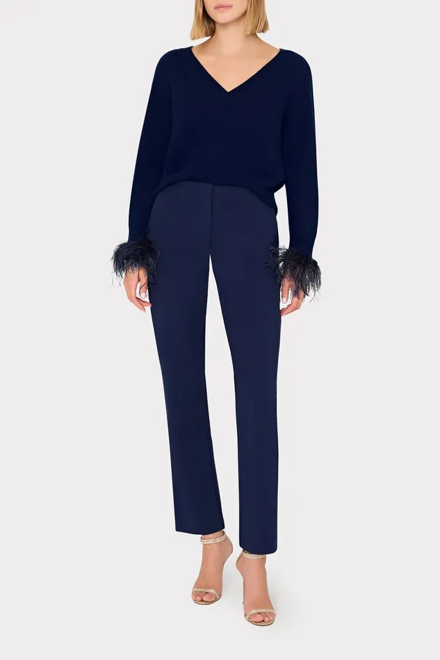 Milly Feather Cuff VNeck Sweater Navy Women Tops Milly Feather Cuff VNeck Sweater Navy Women Tops
