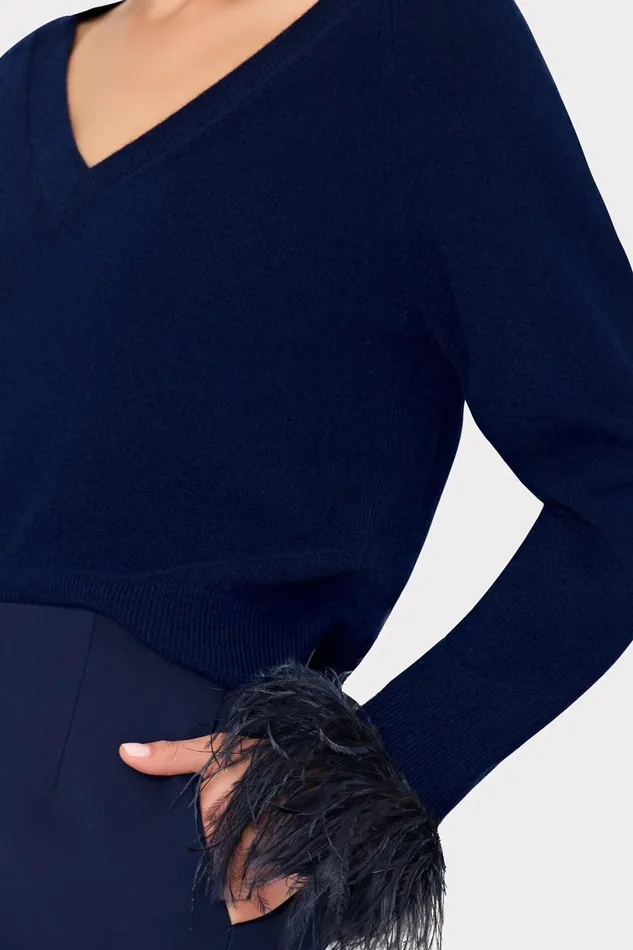 Milly Feather Cuff VNeck Sweater Navy Women Tops Milly Feather Cuff VNeck Sweater Navy Women Tops