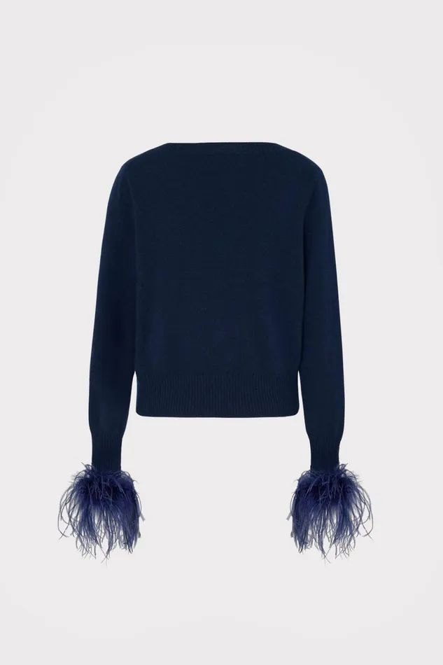 Milly Feather Cuff VNeck Sweater Navy Women Tops Milly Feather Cuff VNeck Sweater Navy Women Tops