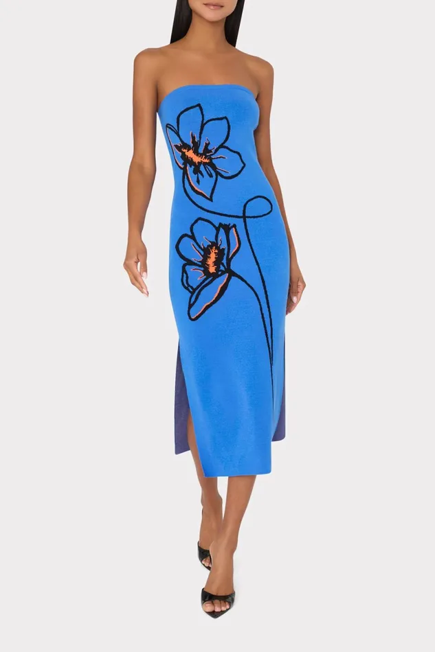 Milly Floral Strapless Knit Midi Dress Blue Multi Women Dresses