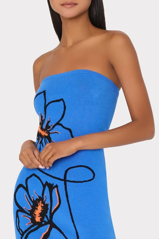 Milly Floral Strapless Knit Midi Dress Blue Multi Women Dresses