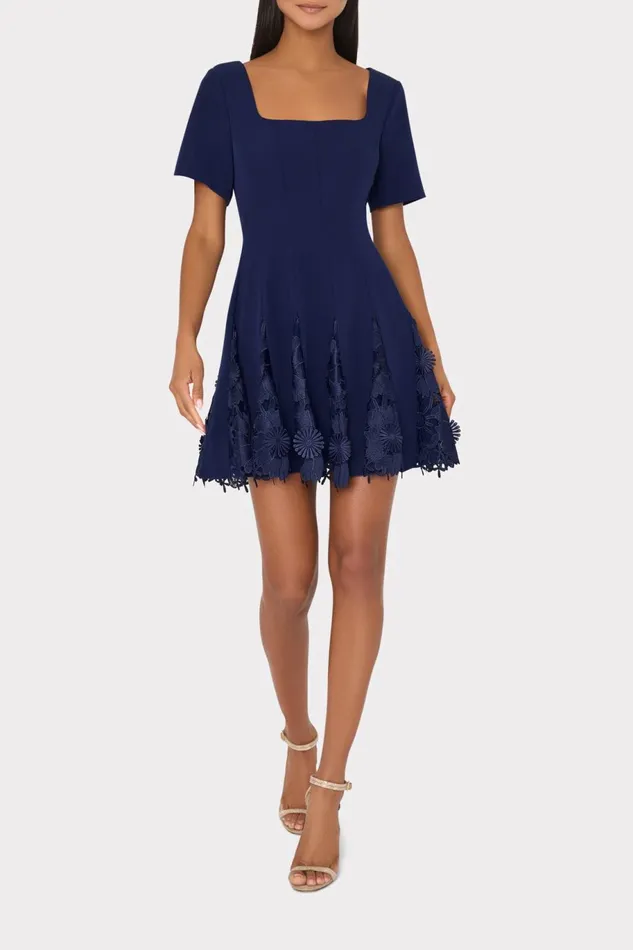 Milly Joy Lace Combo Mini Godet Dress Navy Women Dresses