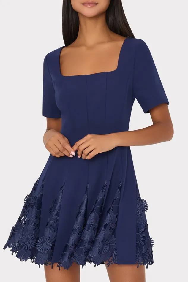 Milly Joy Lace Combo Mini Godet Dress Navy Women Dresses