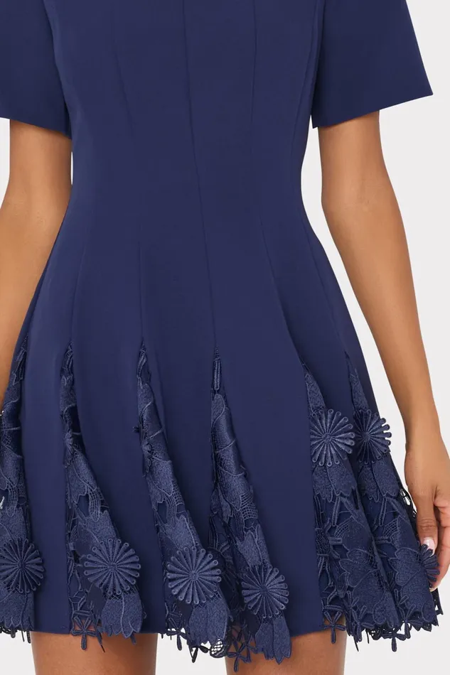 Milly Joy Lace Combo Mini Godet Dress Navy Women Dresses