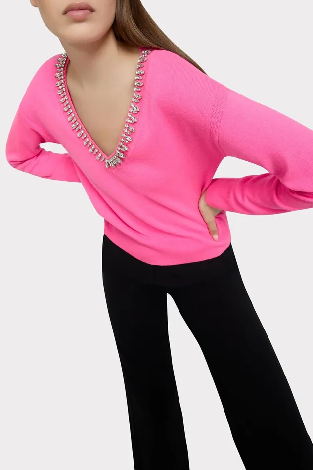 Milly Kalia Crystal VNeck Sweater Milly Pink Women Tops Milly Kalia Crystal VNeck Sweater Milly Pink Women Tops