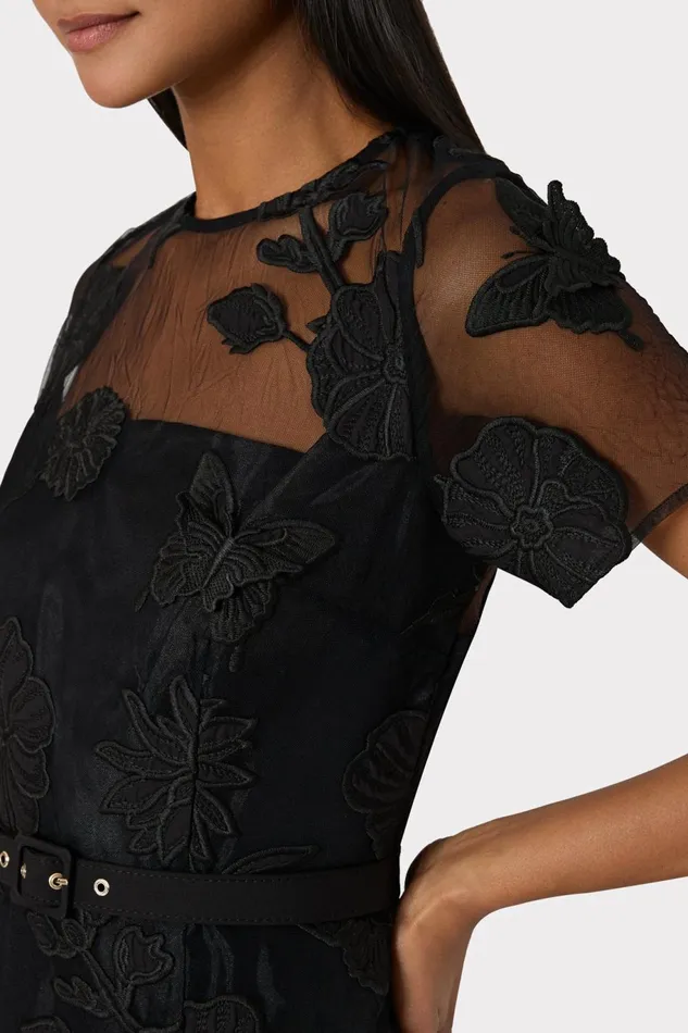 Milly Rosie 3D Butterfly Embroidery Dress Black Women Dresses