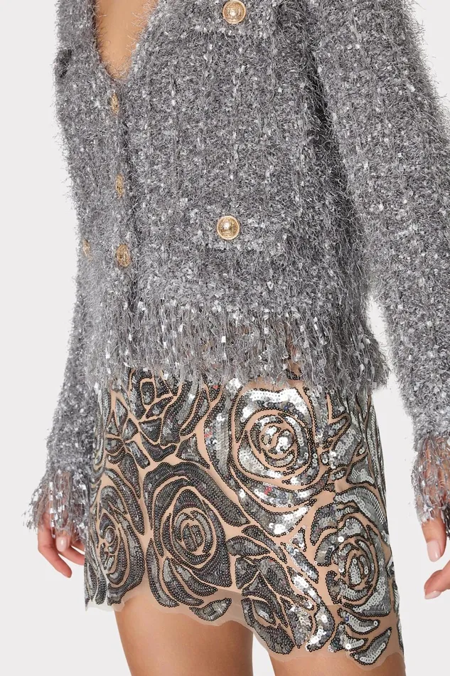 Milly Textured Fringe Cardigan Silver Women Sweaters and Knits