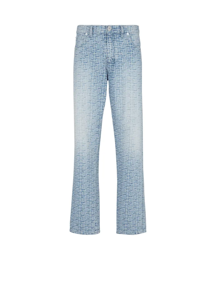 Monogrammed Jacquard Denim Jeans Blue Men Balmain Denim