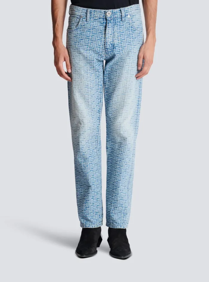 Monogrammed Jacquard Denim Jeans Blue Men Balmain Denim