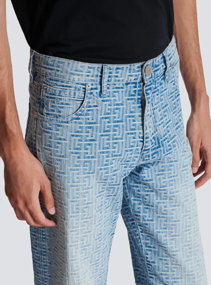 Monogrammed Jacquard Denim Jeans Blue Men Balmain Denim