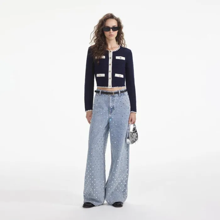 Navy Crochet Contrast Trim Cardigan Women Self Portrait Tops