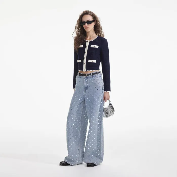 Navy Crochet Contrast Trim Cardigan Women Self Portrait Tops