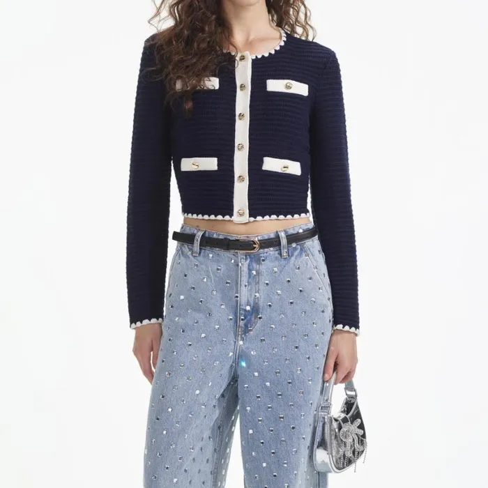 Navy Crochet Contrast Trim Cardigan Women Self Portrait Tops
