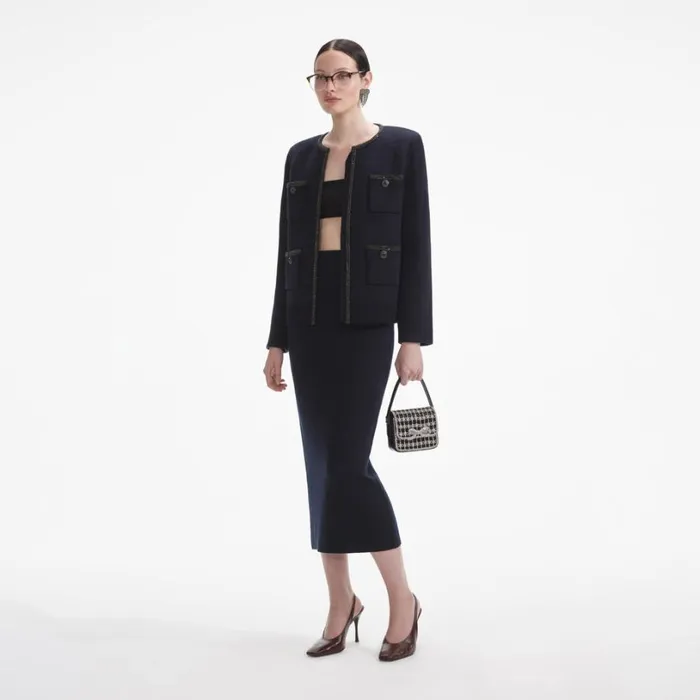 Navy Embellished Knit Cardigan Women Self Portrait Tops