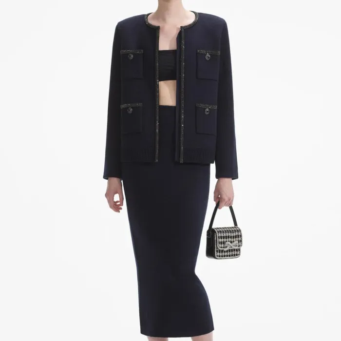 Navy Embellished Knit Cardigan Women Self Portrait Tops