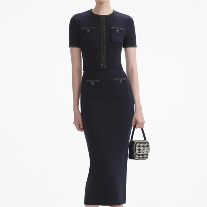 Navy Embellished Knit Top Women Self Portrait Tops