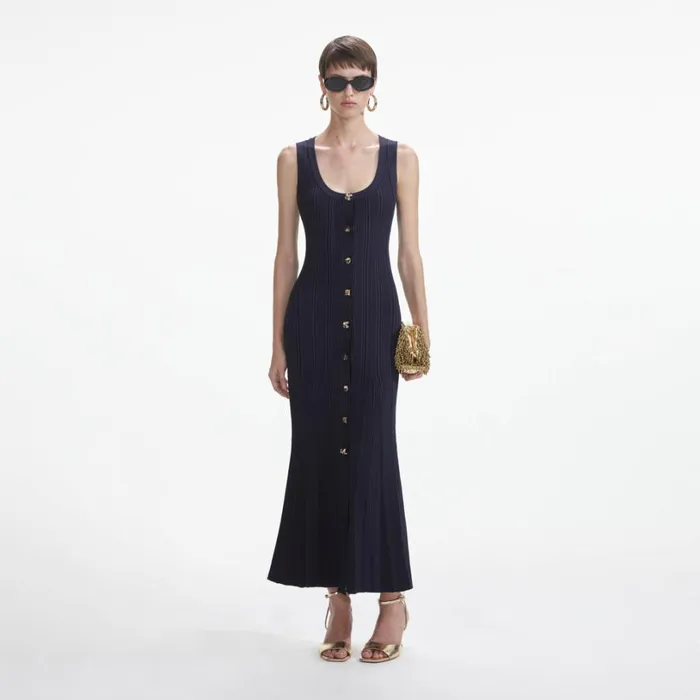 Navy Viscose Knit Midi Dress Women Self Portrait Dresses