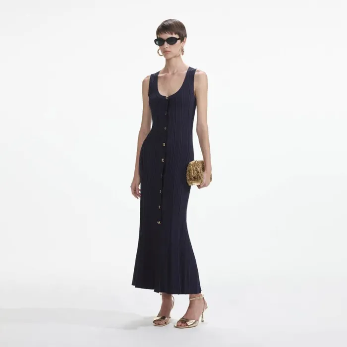 Navy Viscose Knit Midi Dress Women Self Portrait Dresses