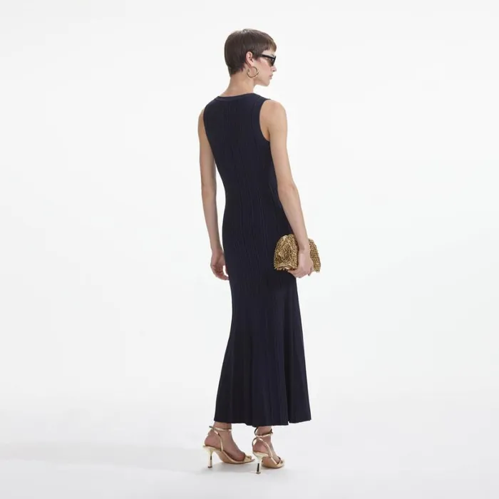 Navy Viscose Knit Midi Dress Women Self Portrait Dresses