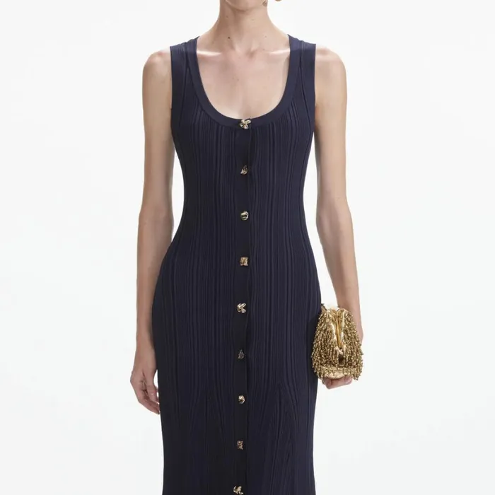 Navy Viscose Knit Midi Dress Women Self Portrait Dresses