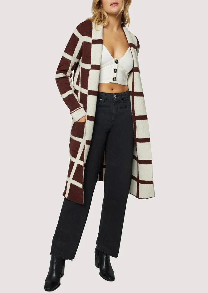 Off The Grid Cardigan Darkbrowngrid Women Lost Wander Sweaters