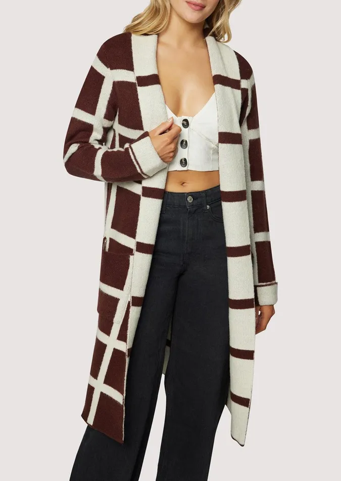 Off The Grid Cardigan Darkbrowngrid Women Lost Wander Sweaters