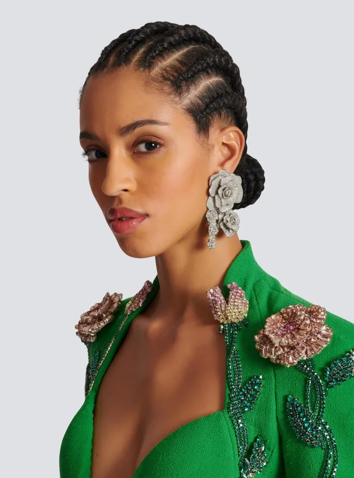 Palladium Rose Earrings Set With Crystals Silver Women Balmain Fashion Jewelry