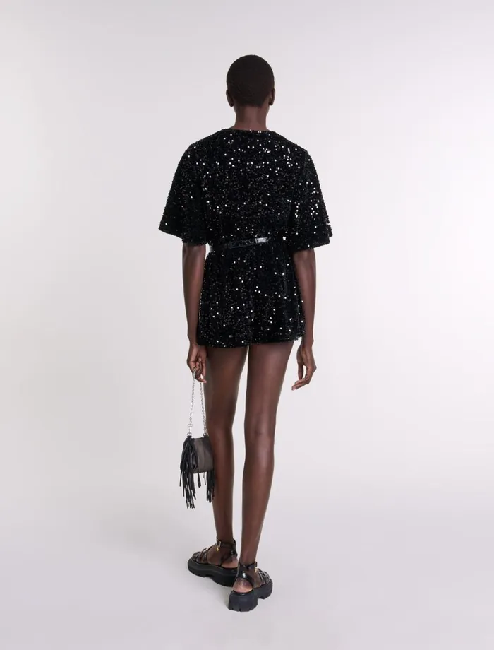 Pants and Jeans Women Maje Sequinned Velvet Playsuit Black