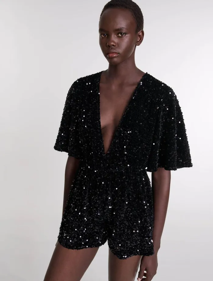 Pants and Jeans Women Maje Sequinned Velvet Playsuit Black