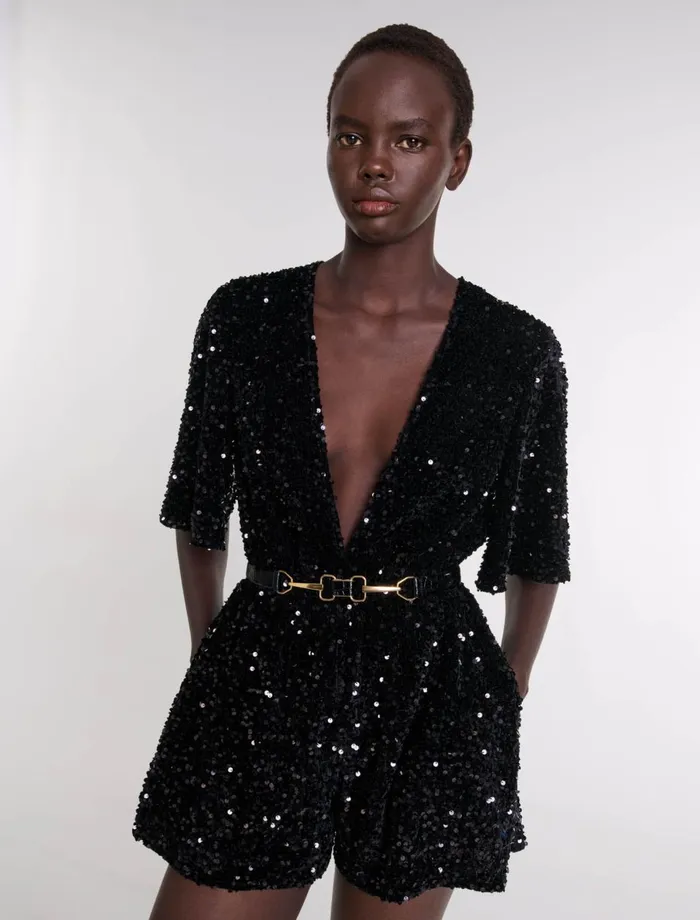 Pants and Jeans Women Maje Sequinned Velvet Playsuit Black