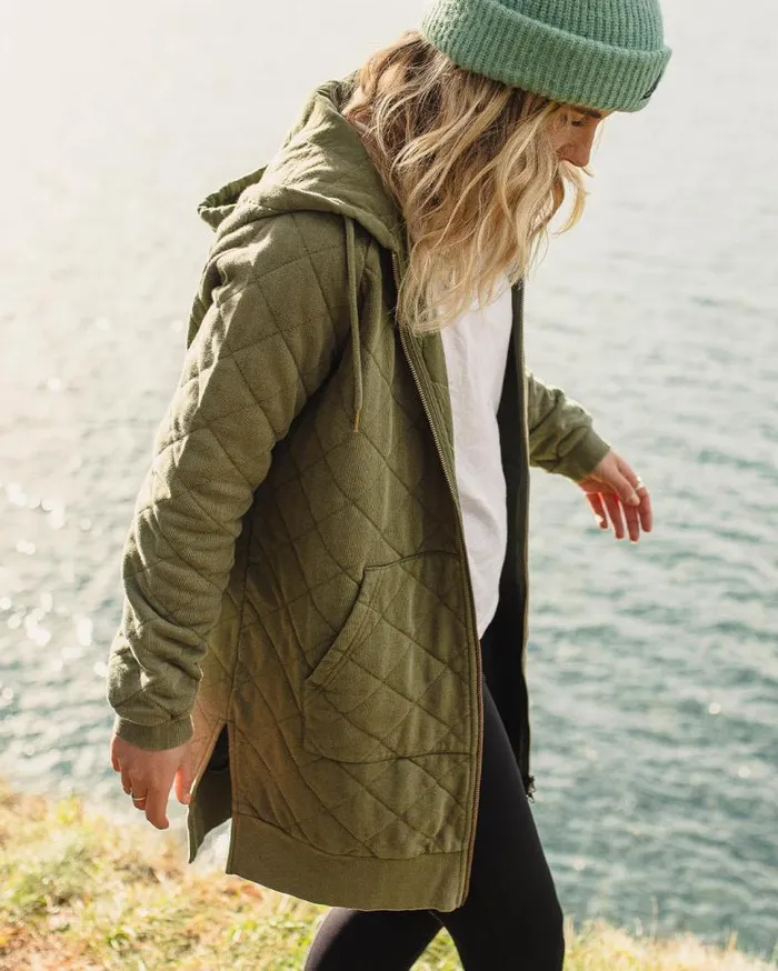 Passenger Clothing Getaway Recycled Cotton Quilted Full Zip Hoodie Khaki Women Activewear