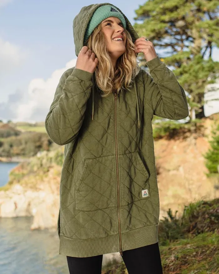 Passenger Clothing Getaway Recycled Cotton Quilted Full Zip Hoodie Khaki Women Activewear