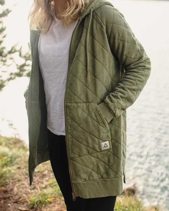 Passenger Clothing Getaway Recycled Cotton Quilted Full Zip Hoodie Khaki Women Activewear