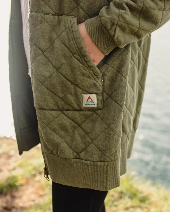 Passenger Clothing Getaway Recycled Cotton Quilted Full Zip Hoodie Khaki Women Activewear
