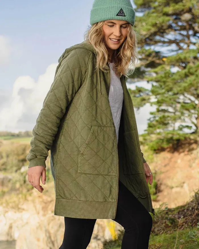Passenger Clothing Getaway Recycled Cotton Quilted Full Zip Hoodie Khaki Women Activewear