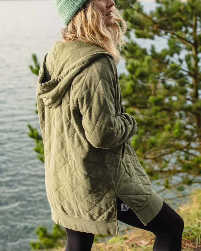 Passenger Clothing Getaway Recycled Cotton Quilted Full Zip Hoodie Khaki Women Activewear